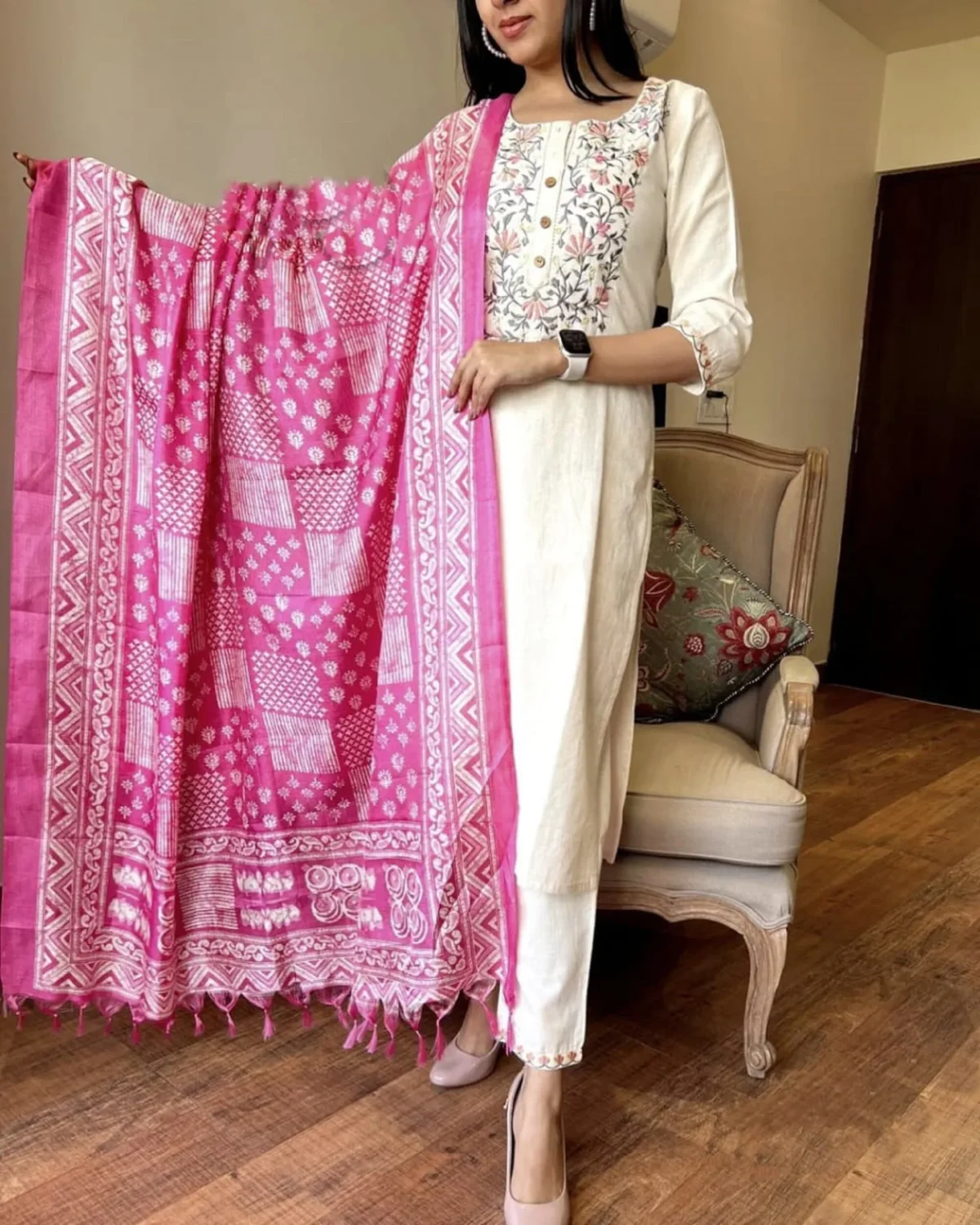 Handmade 3 piece Eid festive salwar kameez set for women featuring a cream straight kurti with floral embroidery, matching pants, and a vibrant pink printed dupatta – perfect for Indian ethnic parties, weddings, and special occasions