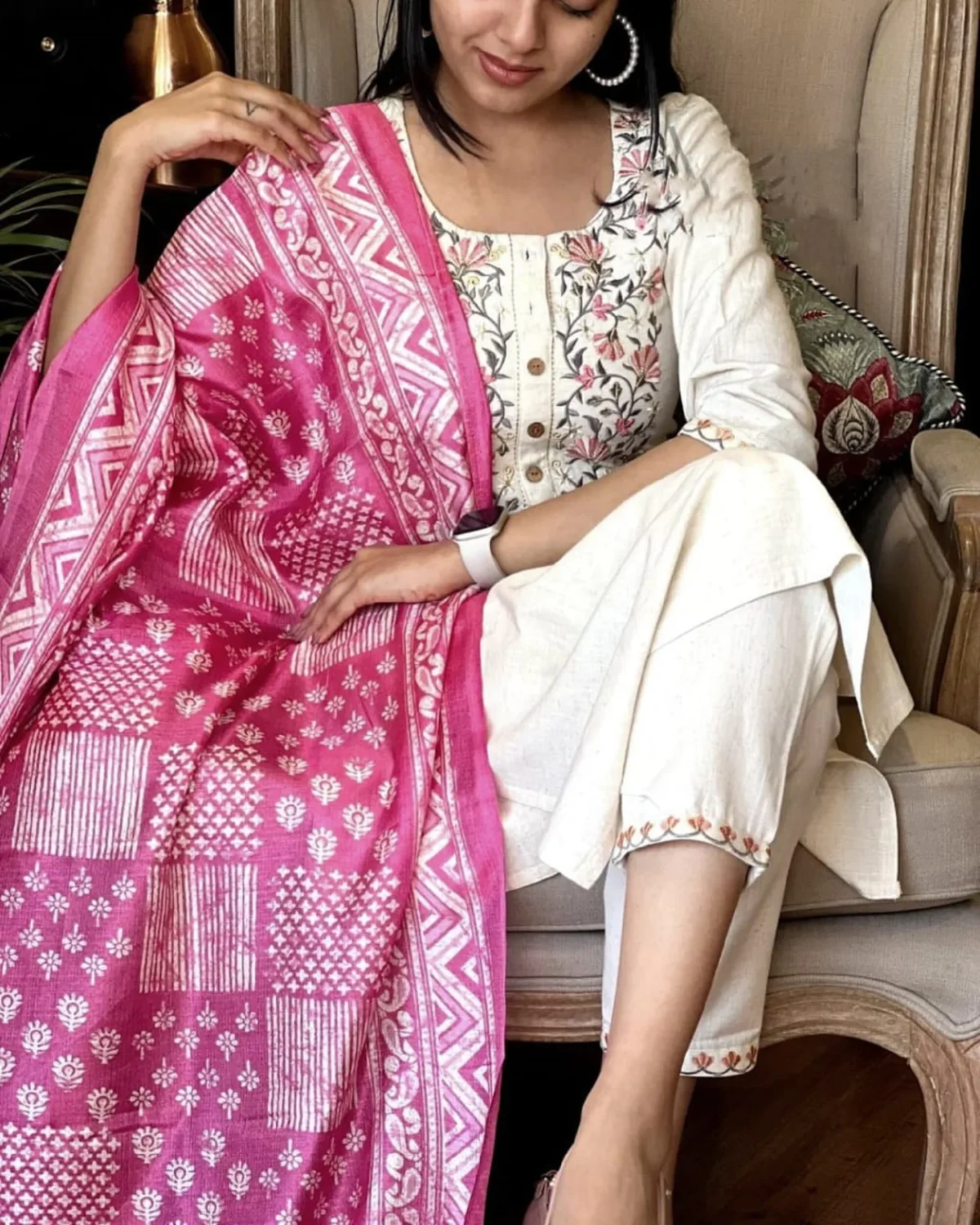 Handmade 3 piece Eid festive salwar kameez set for women featuring a cream straight kurti with floral embroidery, matching pants, and a vibrant pink printed dupatta – perfect for Indian ethnic parties, weddings, and special occasions