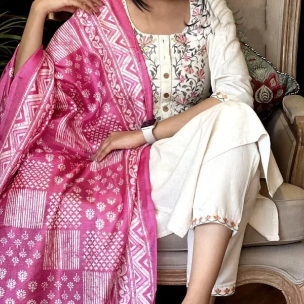 Handmade 3 piece Eid festive salwar kameez set for women featuring a cream straight kurti with floral embroidery, matching pants, and a vibrant pink printed dupatta – perfect for Indian ethnic parties, weddings, and special occasions