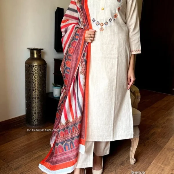 Stylish women’s partywear set featuring a Khaadi fabric off-shade kurti with embroidered detailing, matching pants, and a vibrant printed dupatta. Ready-to-wear Bollywood-inspired salwar kameez, ideal for festive occasions