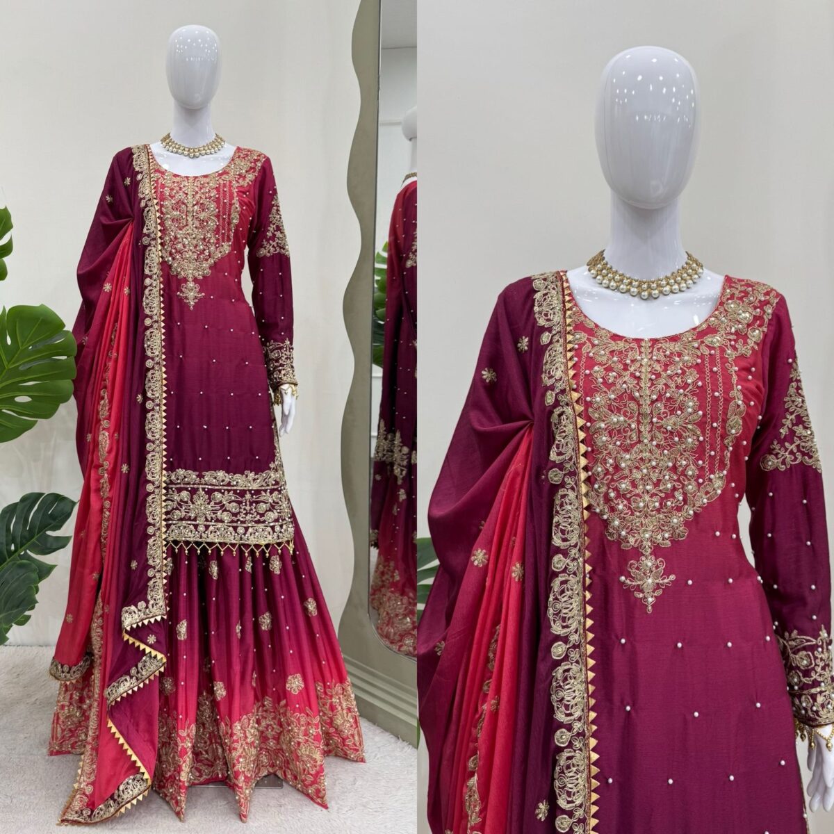 Two Tone Embroidery Sharara suit For wedding Party Festive Wear , Gift For Her