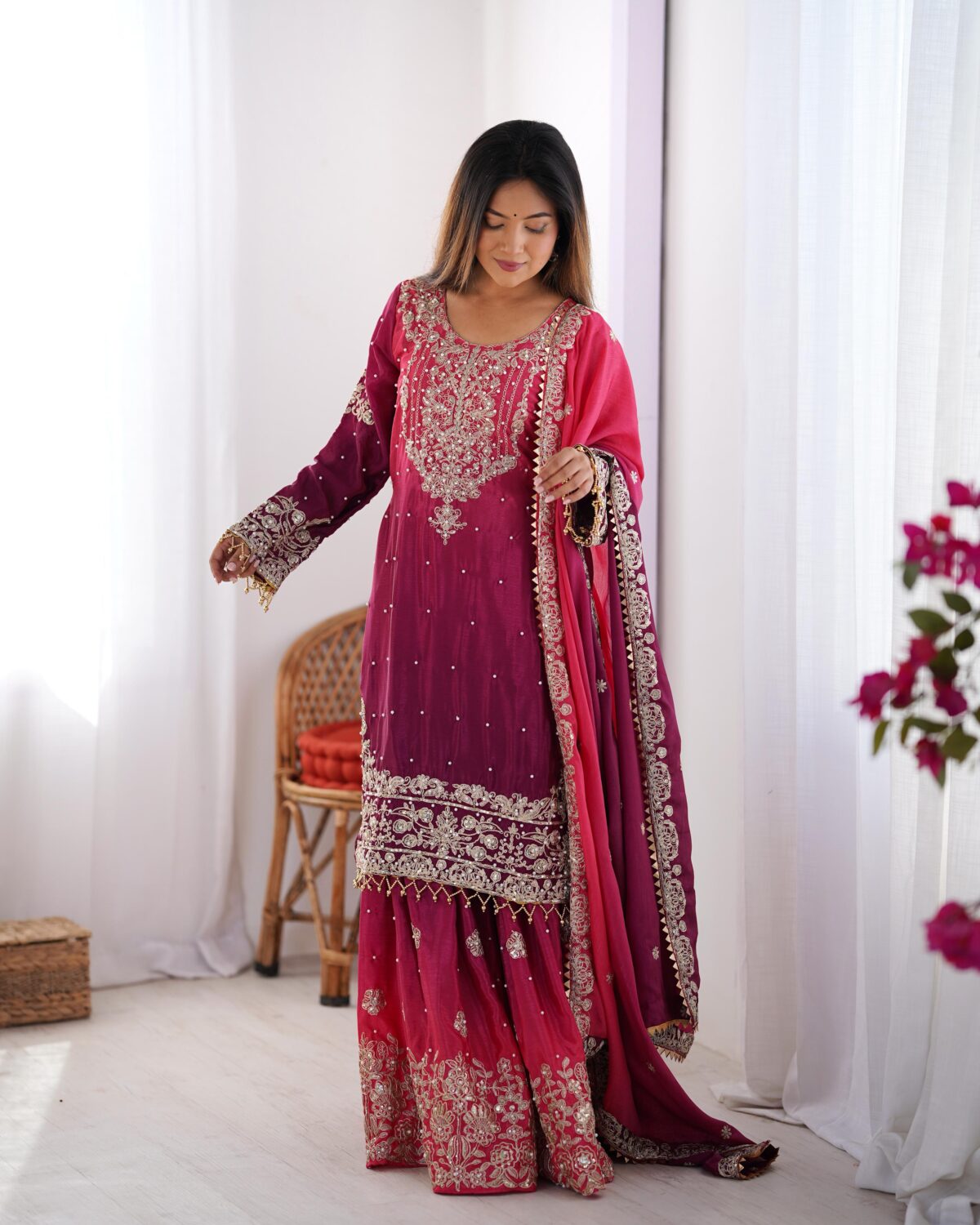 Two Tone Embroidery Sharara suit For wedding Party Festive Wear , Gift For Her