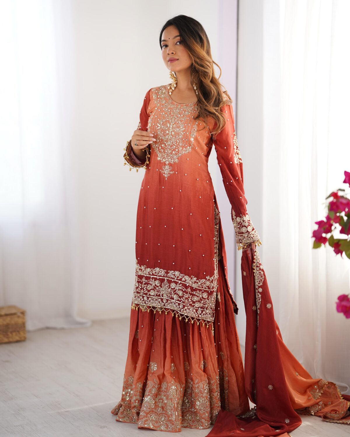 Two Tone Embroidery Sharara suit For wedding Party Festive Wear , Gift For Her