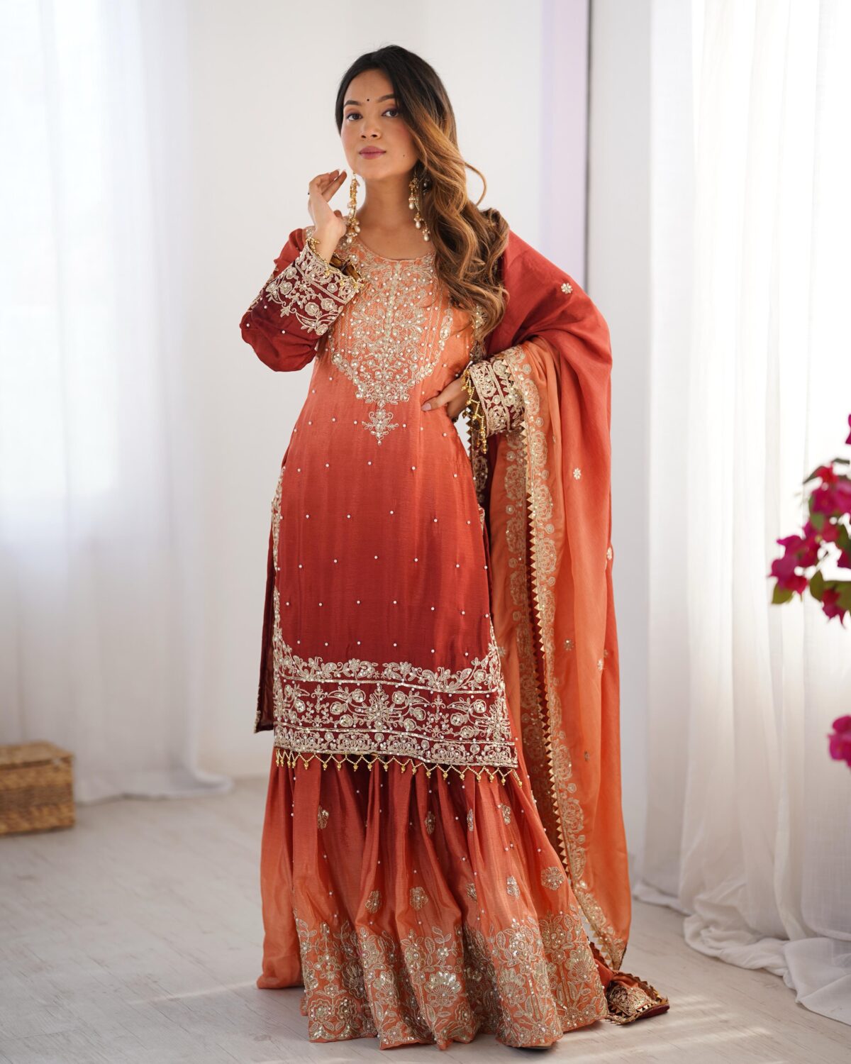 Two Tone Embroidery Sharara suit For wedding Party Festive Wear , Gift For Her