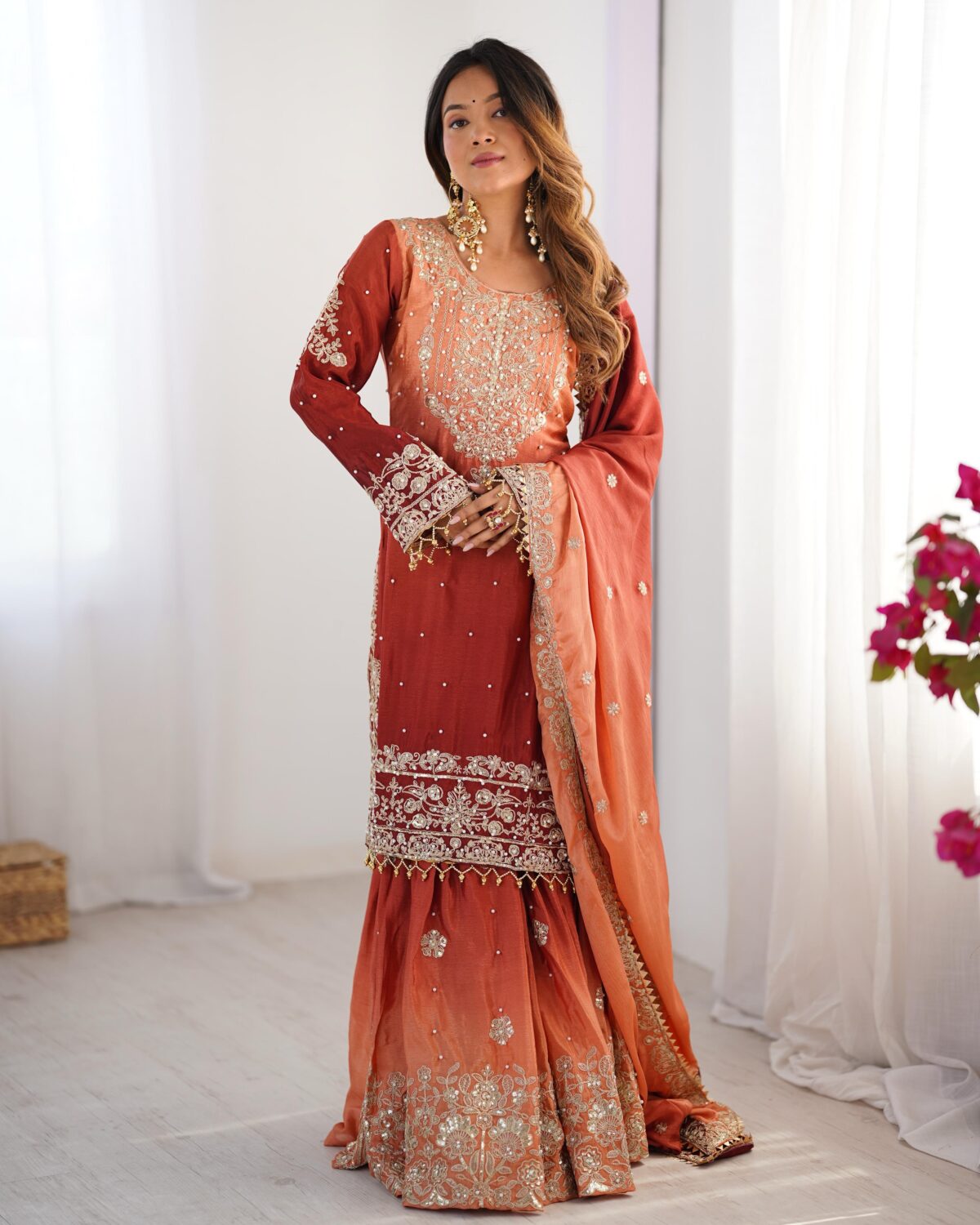 Two Tone Embroidery Sharara suit For wedding Party Festive Wear , Gift For Her