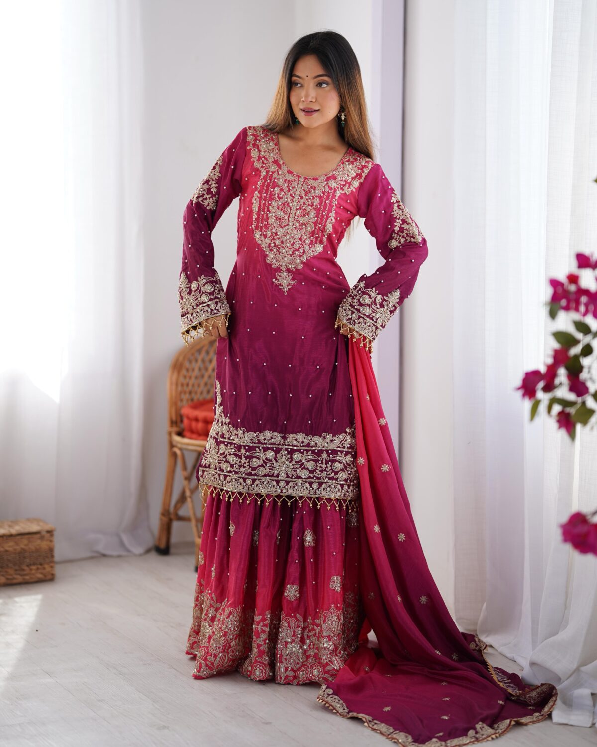 Two Tone Embroidery Sharara suit For wedding Party Festive Wear , Gift For Her