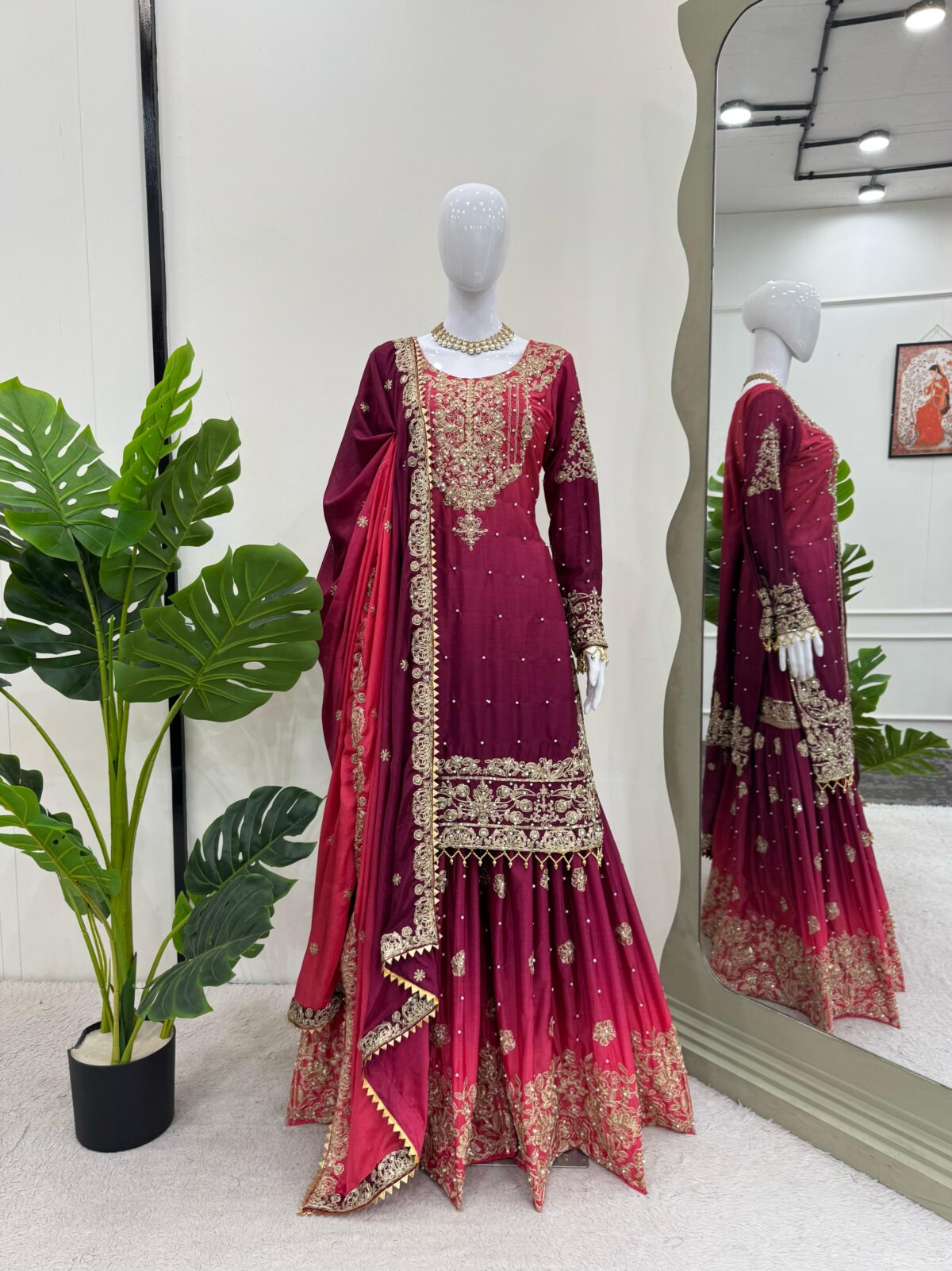 Two Tone Embroidery Sharara suit For wedding Party Festive Wear , Gift For Her