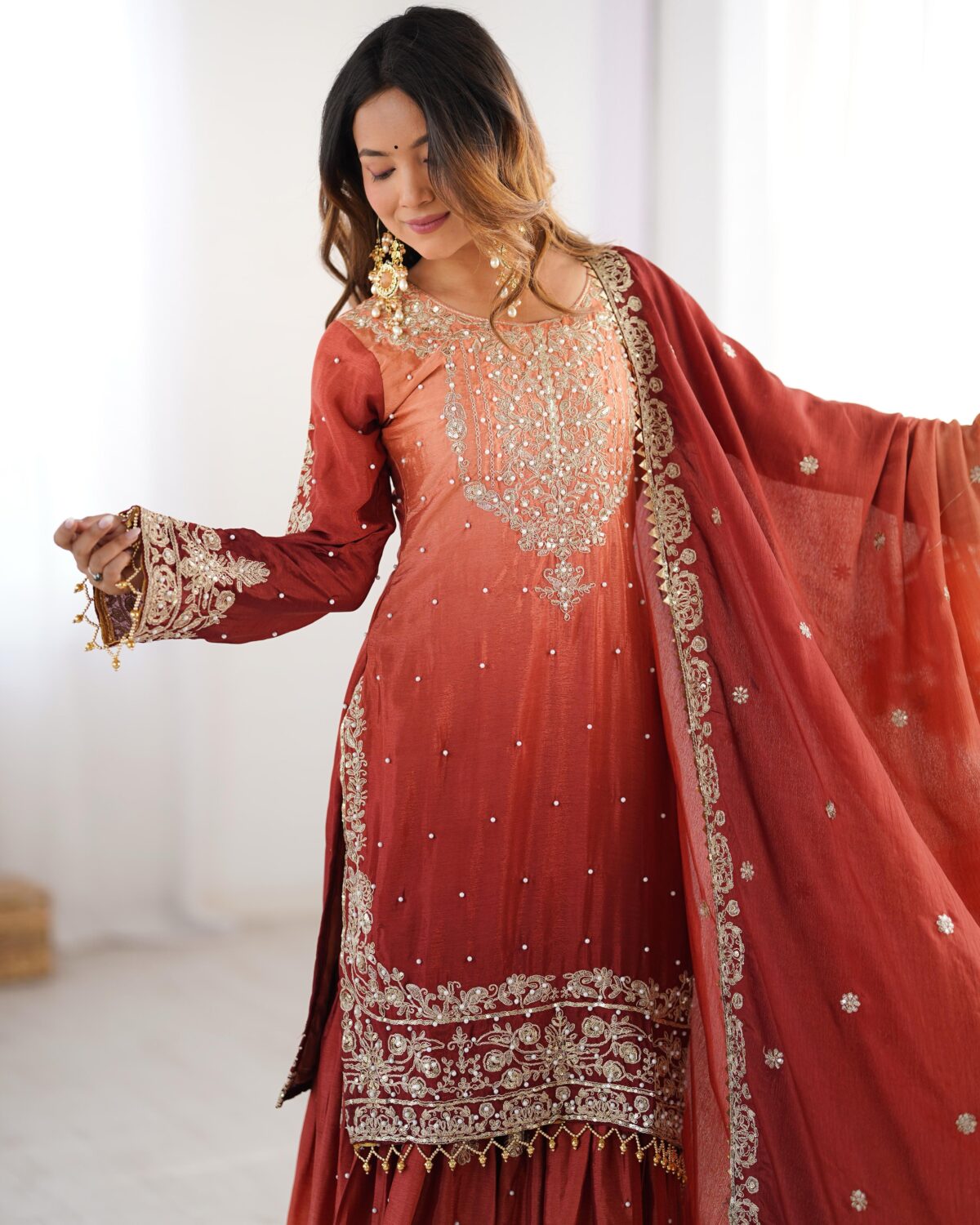 Two Tone Embroidery Sharara suit For wedding Party Festive Wear , Gift For Her