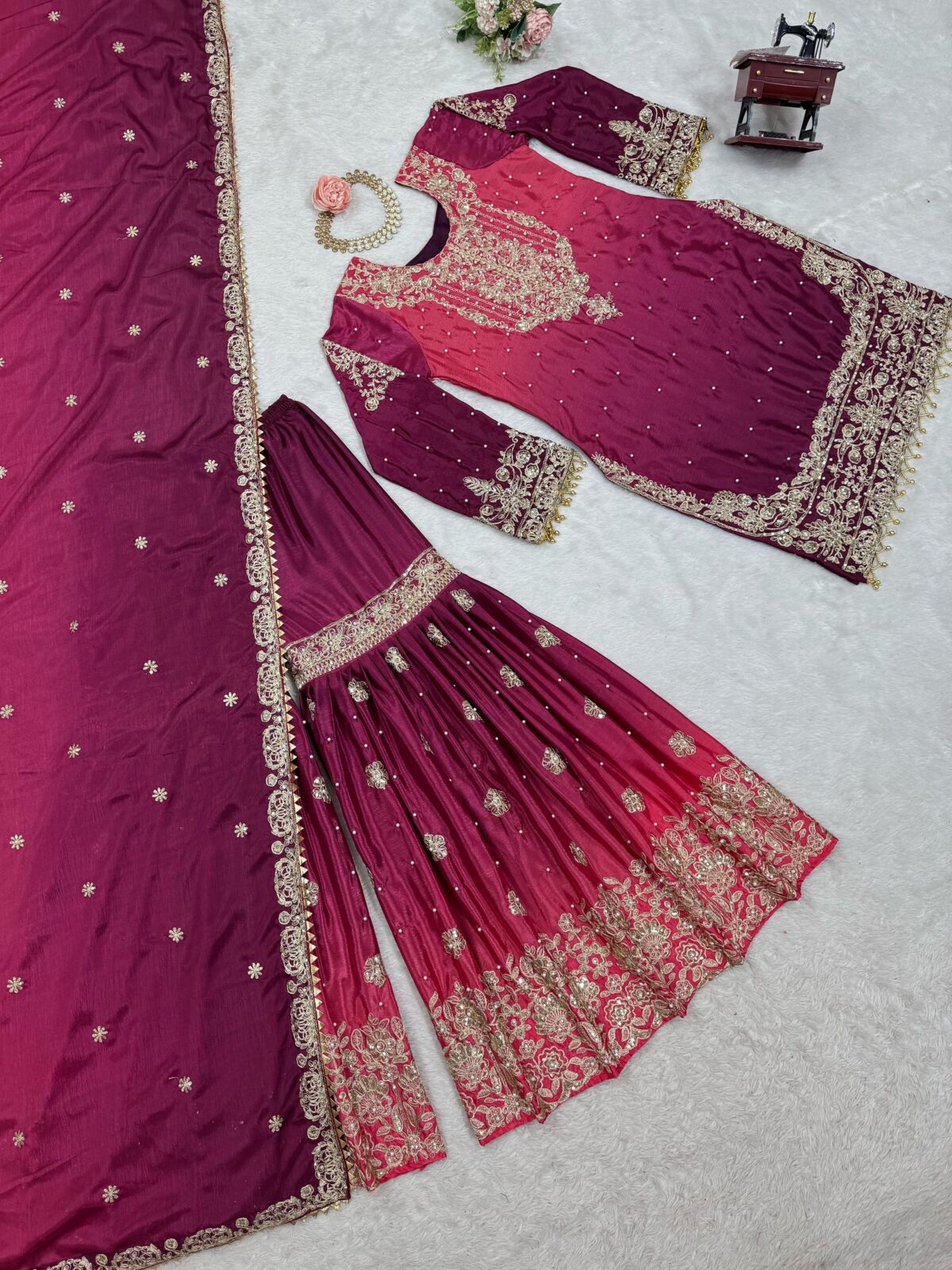 Two Tone Embroidery Sharara suit For wedding Party Festive Wear , Gift For Her