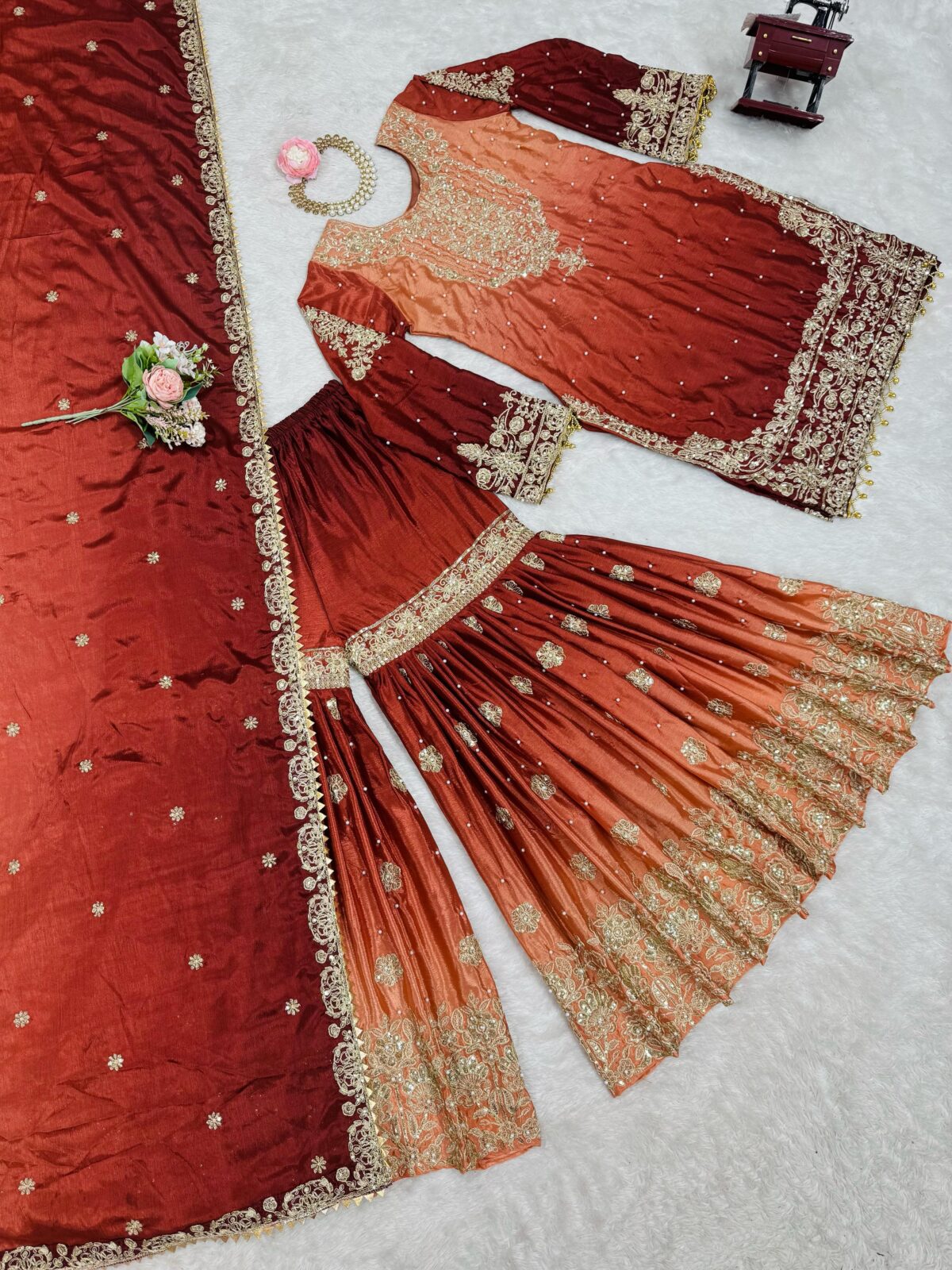 Two Tone Embroidery Sharara suit For wedding Party Festive Wear , Gift For Her