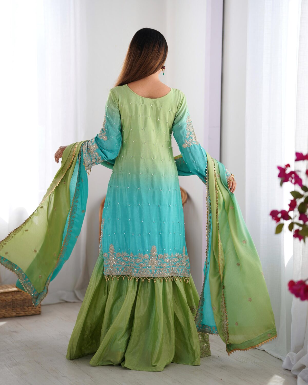 Two Tone Embroidery Sharara suit For wedding Party Festive Wear , Gift For Her