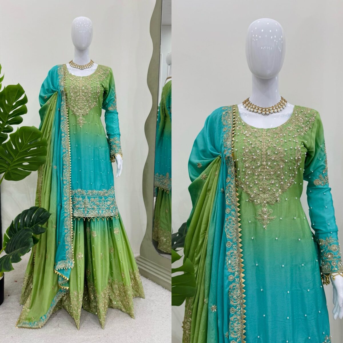 Two Tone Embroidery Sharara suit For wedding Party Festive Wear , Gift For Her