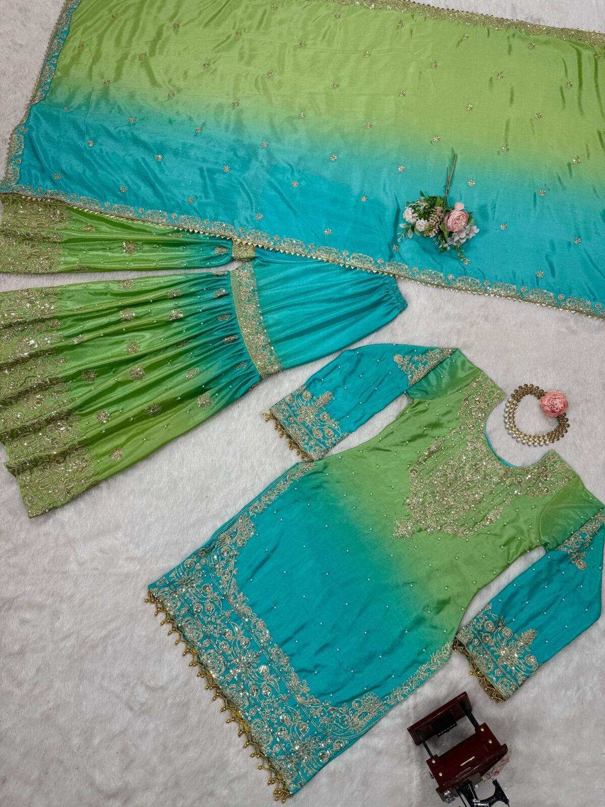 Two Tone Embroidery Sharara suit For wedding Party Festive Wear , Gift For Her