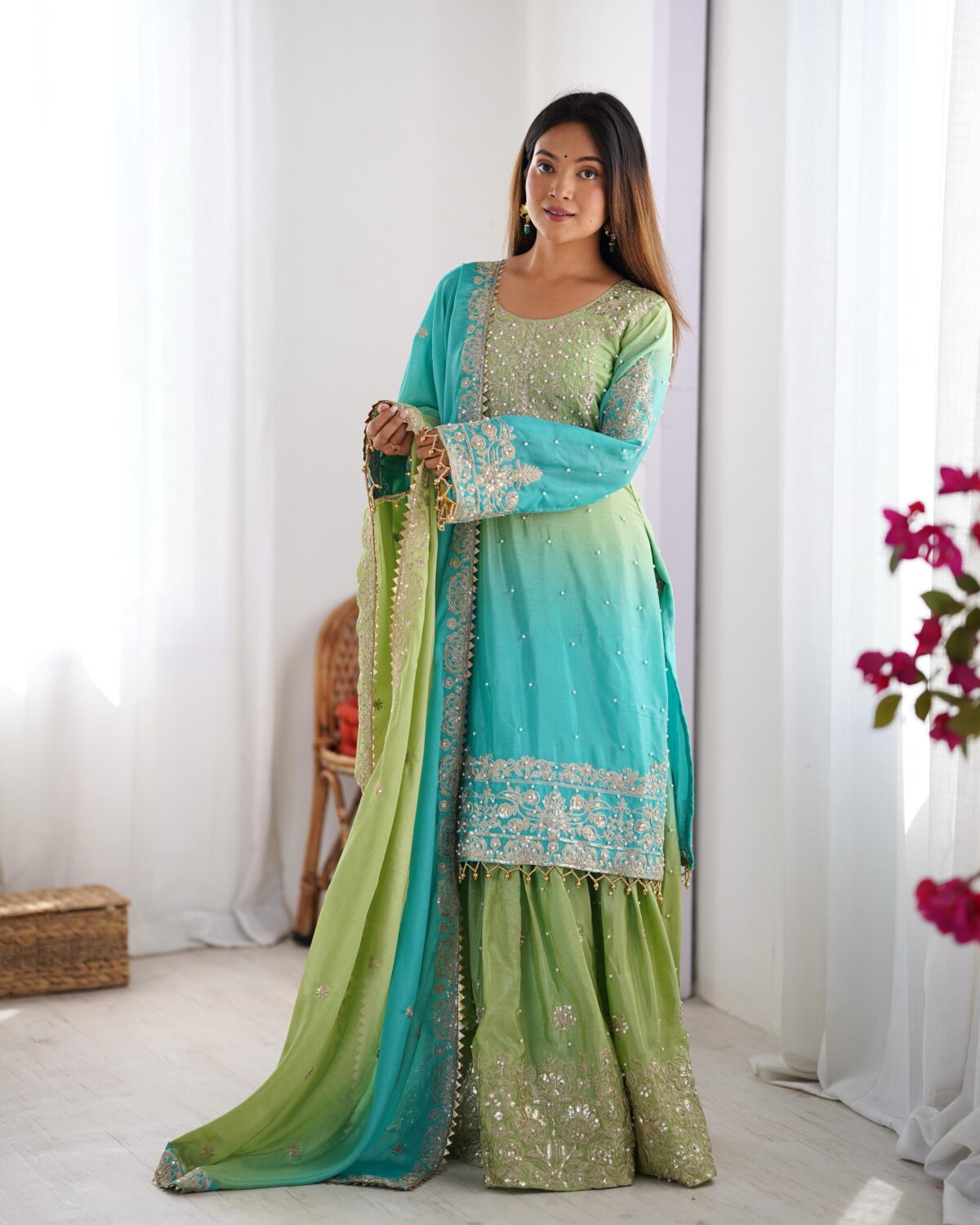 Two Tone Embroidery Sharara suit For wedding Party Festive Wear , Gift For Her