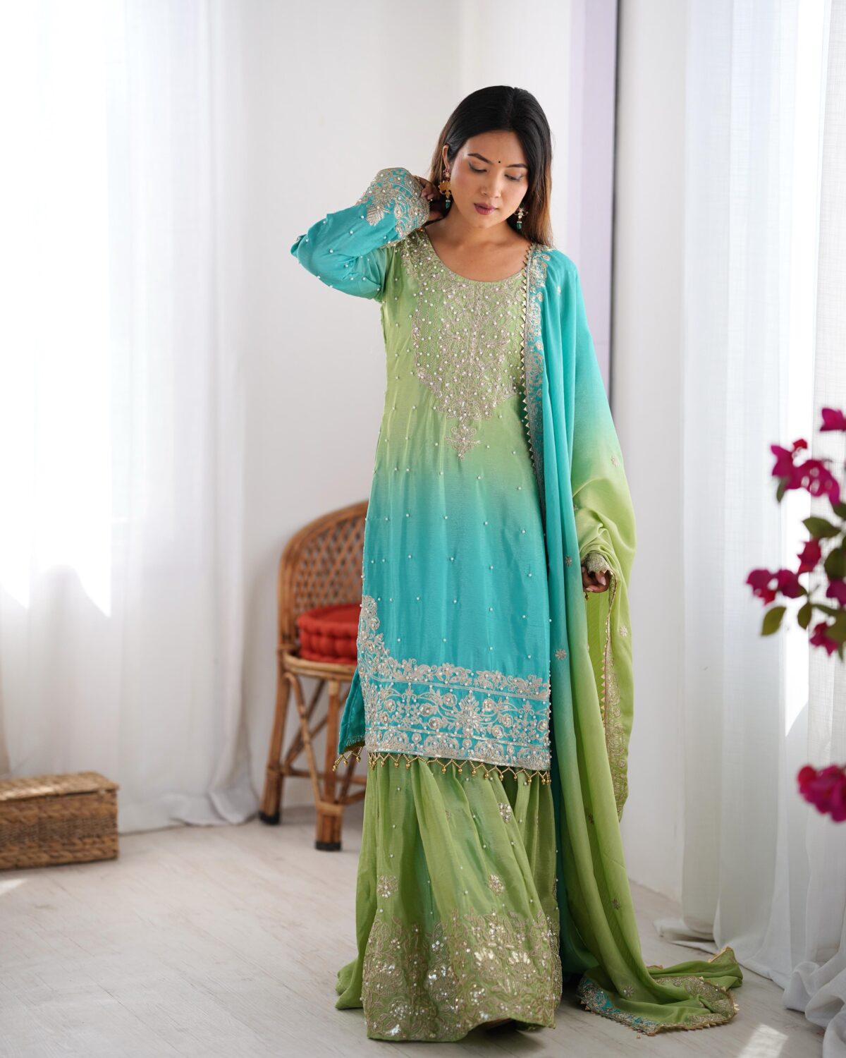 Two Tone Embroidery Sharara suit For wedding Party Festive Wear , Gift For Her
