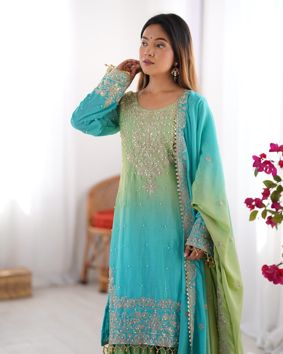 Two Tone Embroidery Sharara suit For wedding Party Festive Wear , Gift For Her