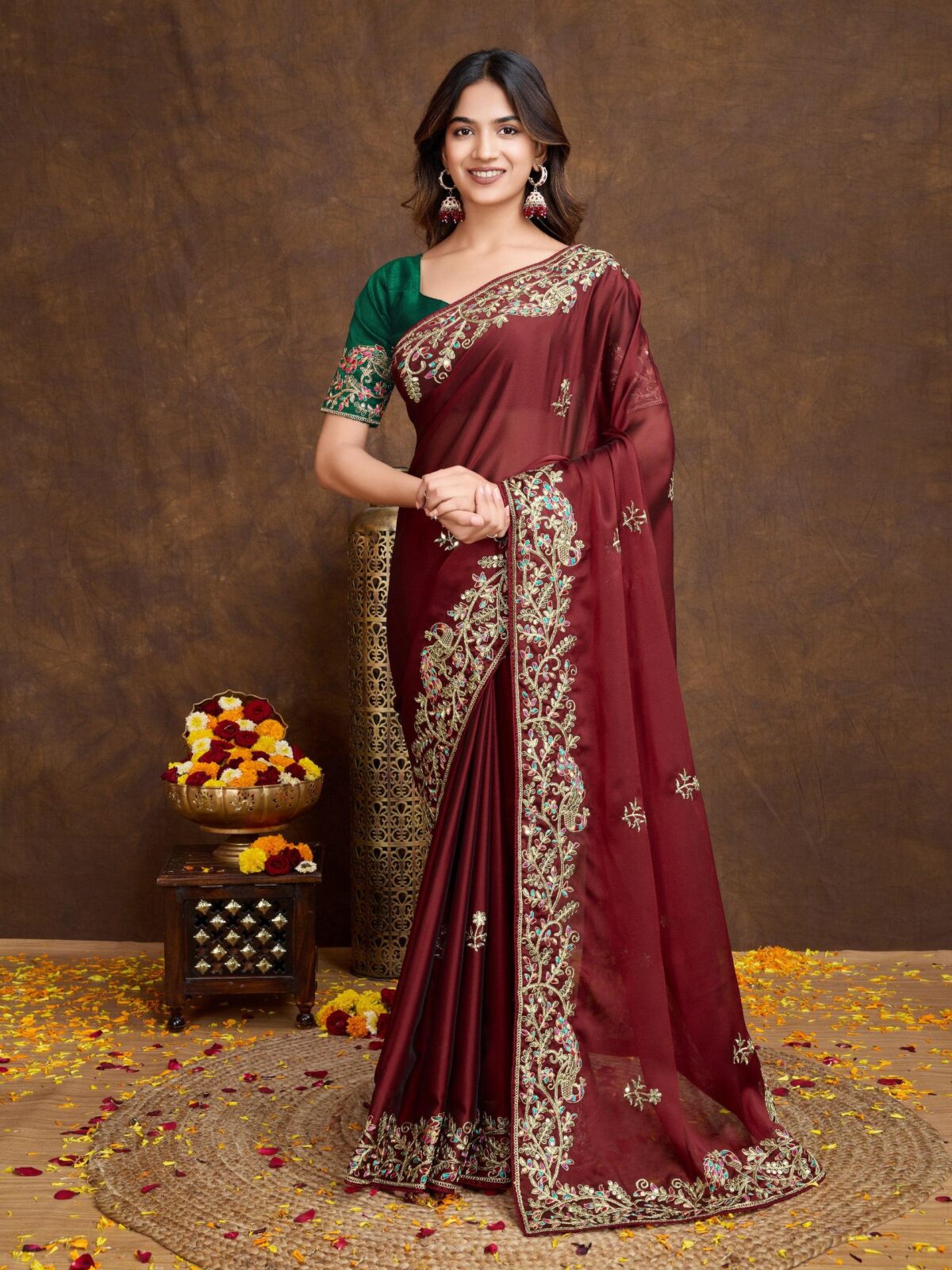 Maroon embroidered Saree with green unstitch blouse