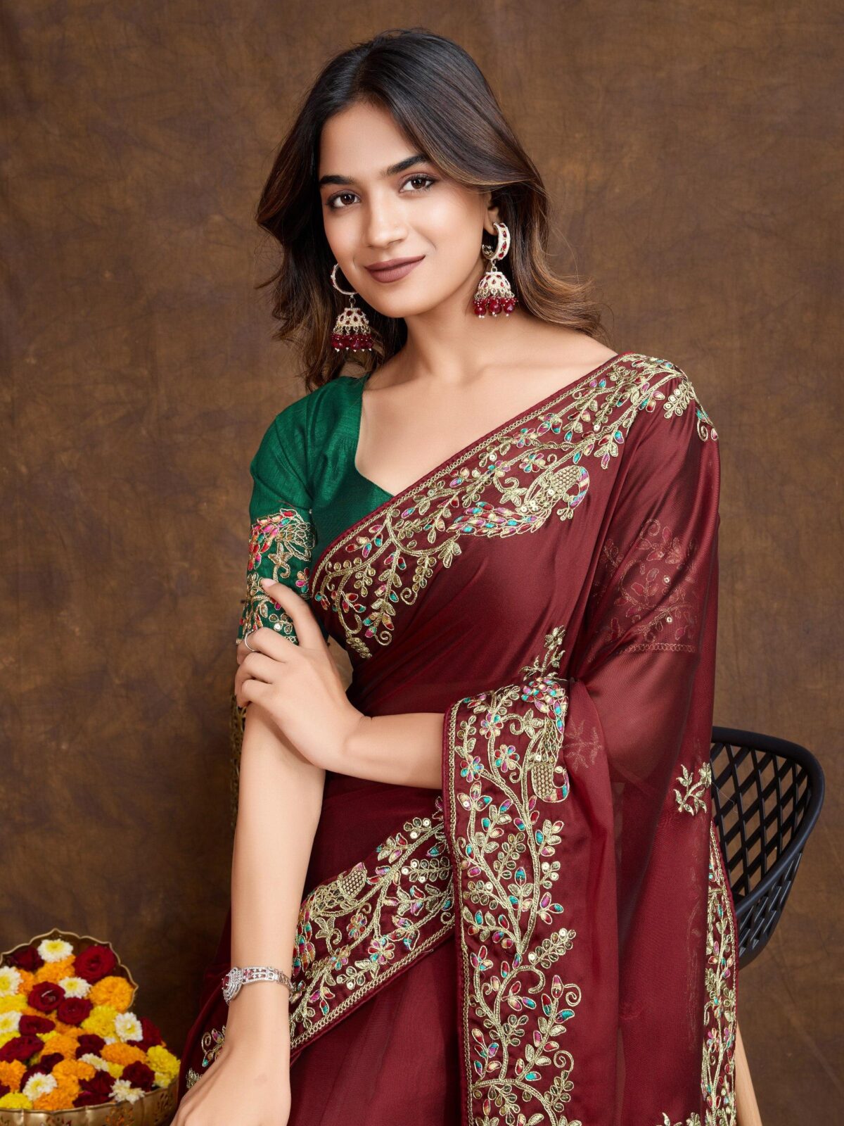 Maroon embroidered Saree with green unstitch blouse