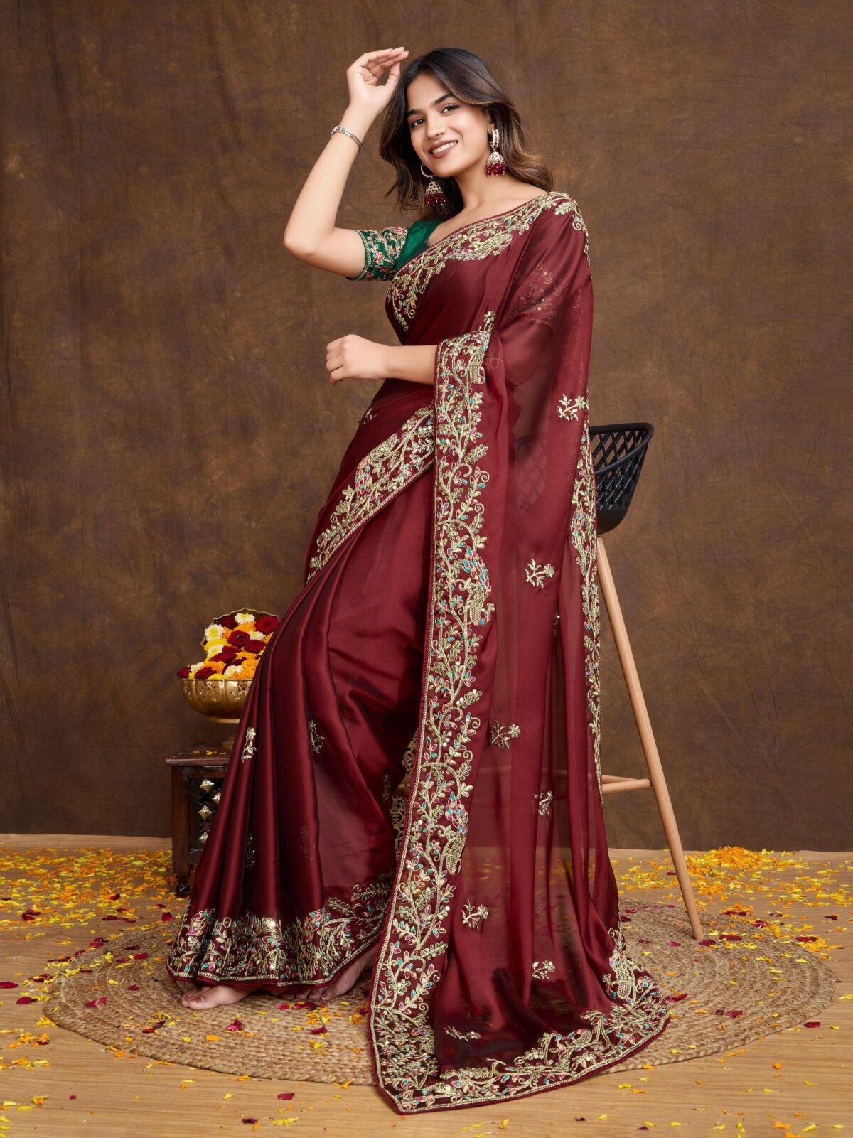 Maroon embroidered Saree with green unstitch blouse