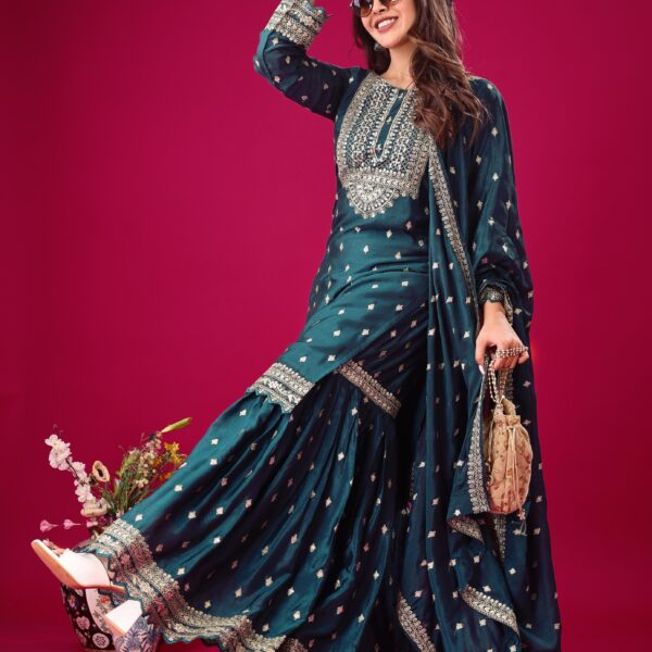 Teal Blue Sharara Suit 3 piece set wedding party festive wear