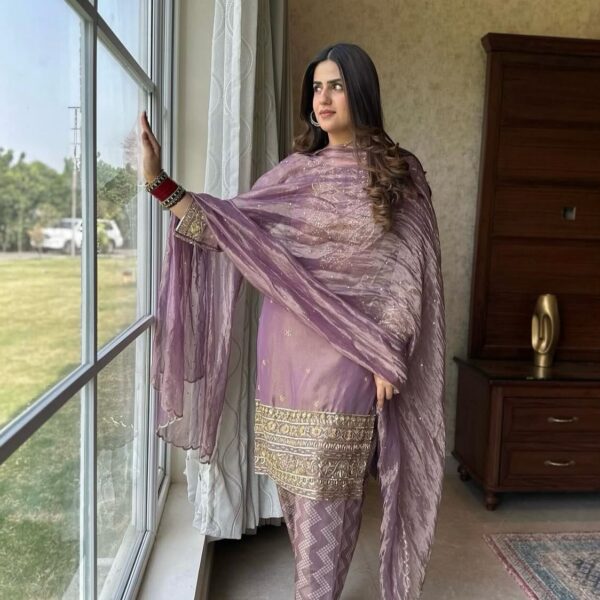 Purple Embroidery Tissue Suit kurti pant dupatta set for wedding party festive wear