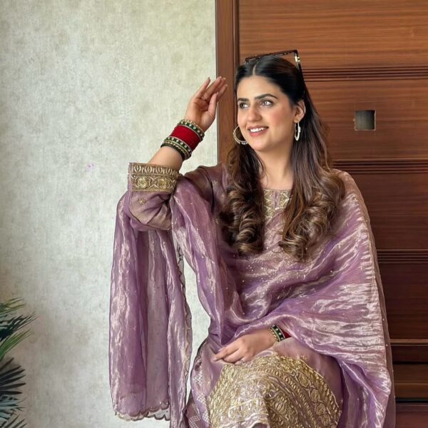 Purple Embroidery Tissue Suit kurti pant dupatta set for wedding party festive wear