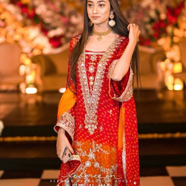 embroidered bandhej salwar suit with kurti pant and dupatta wedding partywear festive wear