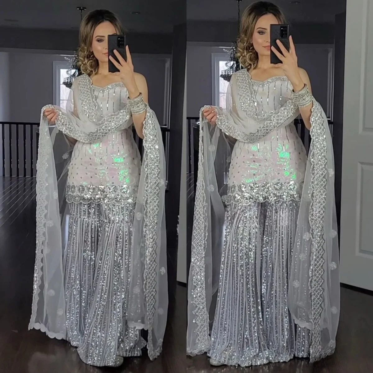 Elegant women’s Mehendi outfit – 3-piece embroidered georgette sharara suit with kurti, matching dupatta, and sequin detailing. Perfect traditional wear for weddings and festive occasions